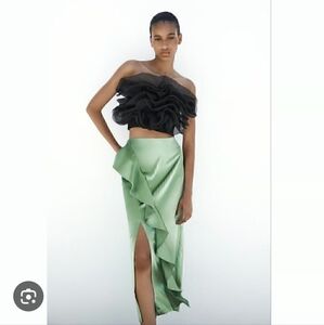 Zara Satin Green Midi Skirt with Ruffle